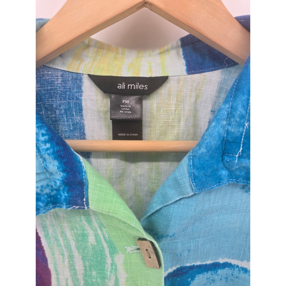 Ali‎ Miles Linen Top Womens PM Abstract Colorblock 3/4 Sleeve Button EUC - Picture 2 of 4